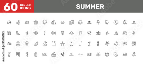 summer icon set with lifeguard, life guard, funicular signs in flat outline style
