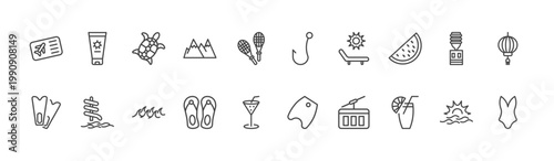 summer icon set with sun cream, fish and hook, lime juice signs in flat outline style