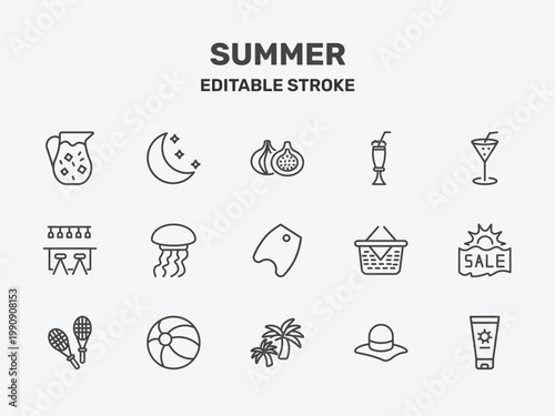 summer icon set with fig, milkshake, refreshing cold drink signs in flat outline style