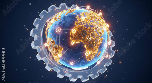 Illuminated globe inside a gear representing global connectivity for International Labor Day
