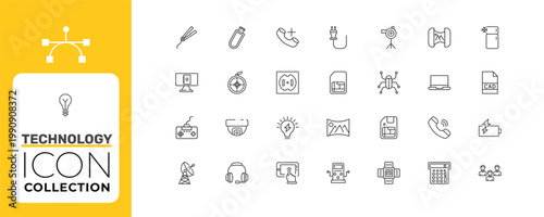 technology icon set with , big floppy disk signs in flat outline