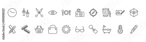 tools and utensils icon set with windmills, camera with flash, bath tub signs in flat outline style