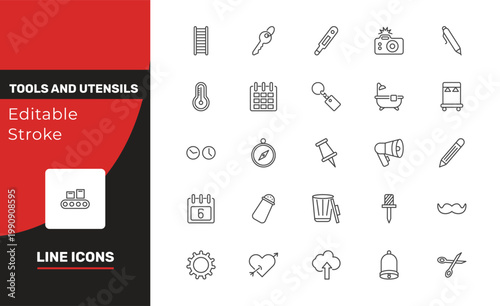 tools and utensils icon set with hanging ladder, thermometers, up arrow and cloud signs in flat outline style