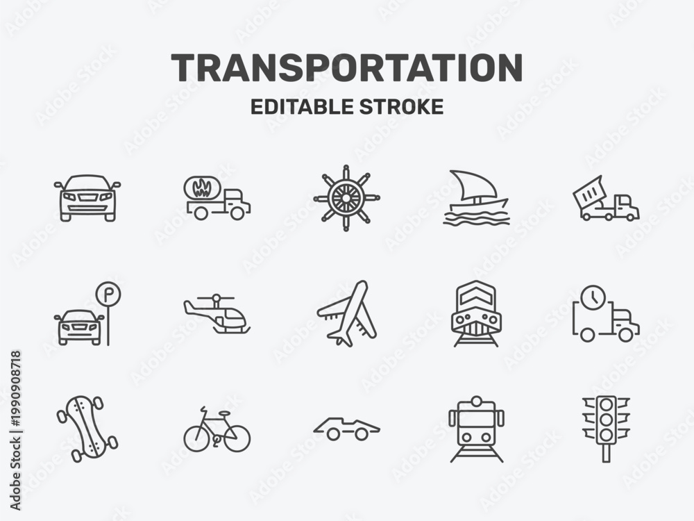 Fototapeta premium transportation icon set with ship wheel, sailing boat, heavy vehicle signs in flat outline style