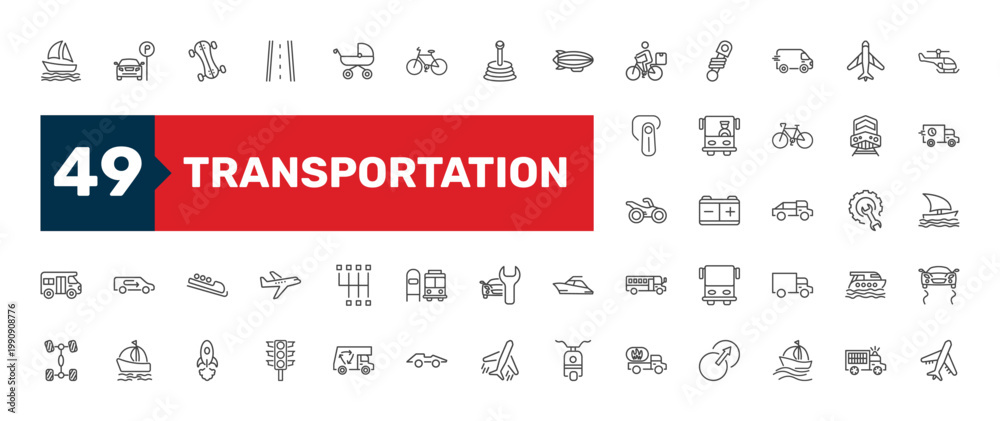 Fototapeta premium transportation icon set with pram, workshop repair, semaphore signs in flat outline style