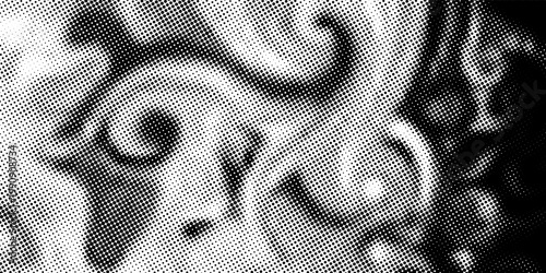 Black halftone wave background. Abstract grainy fluid texture. Dotted curved dot flow wallpaper. Grit swoosh overlay element for poster, banner, brochure, flyer, leaflet, template. Vector backdrop