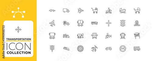 transportation icon set with babysitter, gas truck, car painting signs in flat outline style