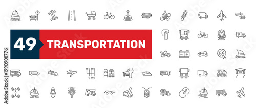 transportation icon set with pram, workshop repair, semaphore signs in flat outline style