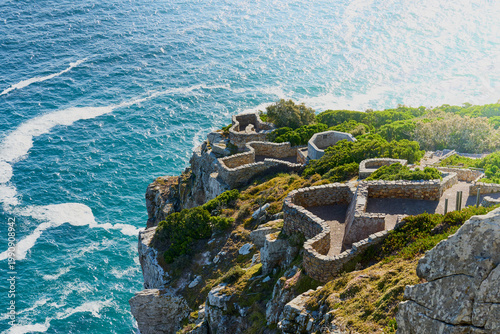 A medieval stone wall on the Cape of Good Hope in South Africa.