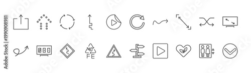 user interface icon set with dotted up arrow, rotated right arrow, ecologic heart signs in flat outline style