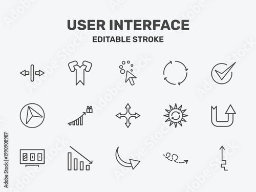 user interface icon set with wait cursor, spinning arrows, right signs in flat outline style