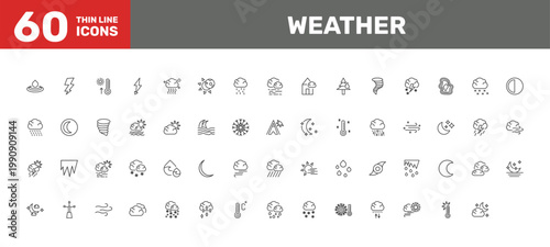 weather icon set with bolt, calm, ice pellets signs in flat outline style