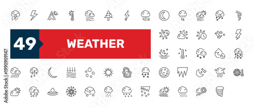 weather icon set with mist, freezing, deluge signs in flat outline style