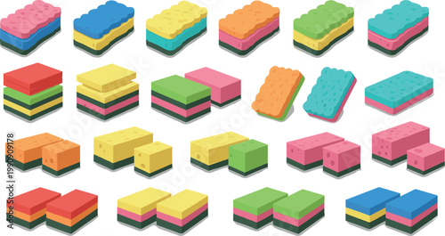 Colorful kitchen sponges set vector illustration collection cleaning foam scrub blocks isolated household cleaning supplies design pack