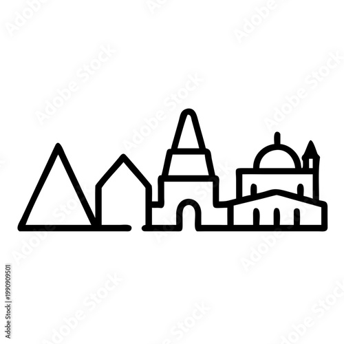Minimalist city skyline icon with world landmarks line art