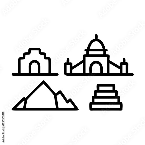 World landmarks line icons set taj mahal, pyramids, and temples