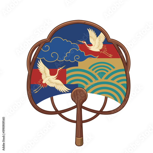 This beautifully designed fan features traditional patterns and cranes, symbolizing heritage and artistry, showcasing craftsmanship and cultural appreciation visually.