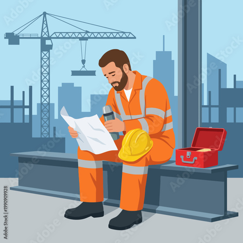 A construction worker in safety gear reviews blueprints while seated at a construction site, representing diligence and focus in a demanding work environment.