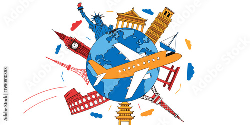 Global travel concept with famous world monuments around a planet earth landmarks vacation monuments airplane adventure international sightseeing destinations exploration colosseum aviation