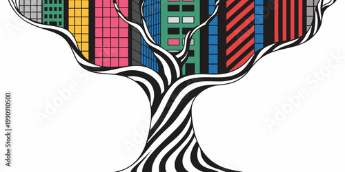 Colorful graphic design of a tree with patterned buildings inside the canopy urban nature concept buildings colorful illustration architecture environment metaphor landscape business