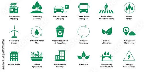 Set of green icons representing sustainable development and eco friendly infrastructure with sustainability environment transport recycling circular infrastructure buildings agriculture