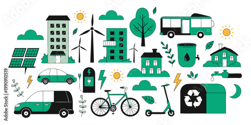 Collection of green energy and sustainable city lifestyle icons with sustainability environment renewable electric recycling transport buildings technology conservation pollution resources