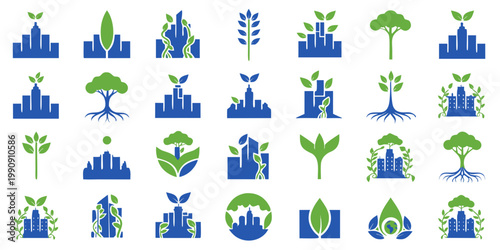 Eco friendly city and nature green and blue graphic icon collection with collection friendly building sustainability environment architecture illustration creative branding abstract isolated