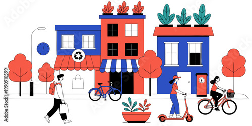 Eco-friendly retail and urban living scene with green transport in city setting shopping lifestyle sustainability architecture building environment illustration recycling electric metropolis
