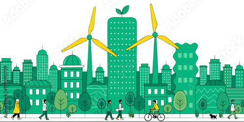 Flat vector illustration of green eco city with wind turbines and people walking turbines sustainable environment lifestyle buildings sustainability renewable community illustration urbanism