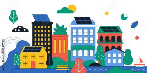 Sustainable riverside city with solar powered buildings and green spaces sustainable riverside buildings architecture environment renewable illustration landscape residential infrastructure