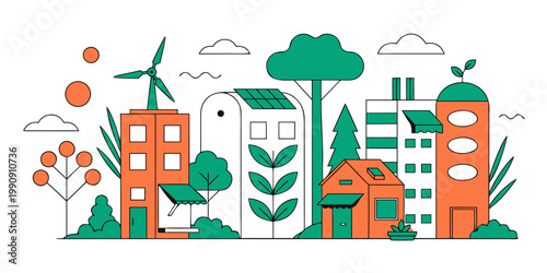 Eco friendly city scene with wind turbine and solar power sustainable environment building illustration renewable architecture infrastructure lifestyle community vegetation development