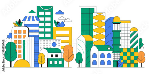 Abstract urban architecture and city buildings vector illustration with building architecture skyscraper illustration landscape metropolis downtown structures residential commercial business