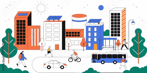 Sustainable eco city life with people commuting and solar power lifestyle commuter transport sustainability environment illustration building architecture renewable infrastructure community