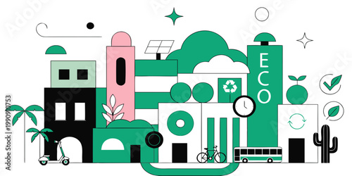 Eco city concept with sustainable transportation and green energy sustainable transport environment recycling lifestyle illustration infrastructure community transportation preservation