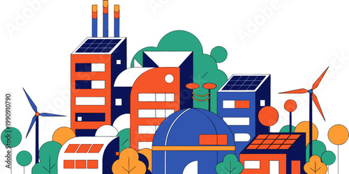 Industrial sustainable eco city with renewable energy infrastructure eco friendly solar panels green energy wind turbine smart city environmentally friendly power plant sustainability