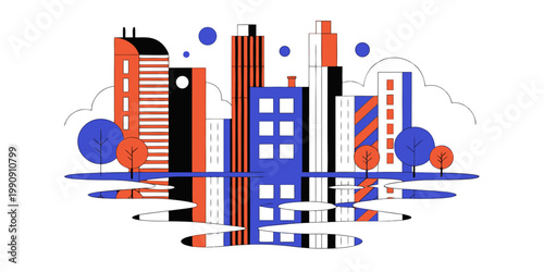 Abstract modern city urban landscape illustration with water reflection city life buildings architecture illustration reflection landscape abstract cityscape minimalist metropolis business