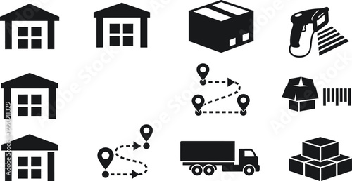 Logistics and Shipping Icons: Warehouse, Truck, Package, Barcode Scanner