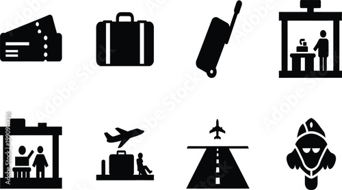Travel Icons: Tickets, Luggage, Airport, Airplane, and Traveler Silhouettes