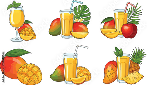 Tropical Fruit Juice Set with Mango Pineapple Orange Apple Drinks in Glasses Fresh Summer Beverage Collection Vector Illustration