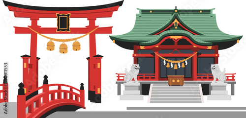 Japanese Shinto shrine and torii gate vector illustration with red bridge, traditional temple architecture landmark, isolated on white background