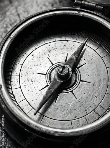 Black and White Macro Close-Up of Antique Compass with Vintage Navigation Detail