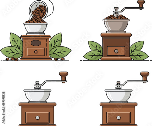 Vintage coffee grinder vector set with manual hand crank mills, wooden and metal machines for cafe, barista, espresso, and kitchen illustration