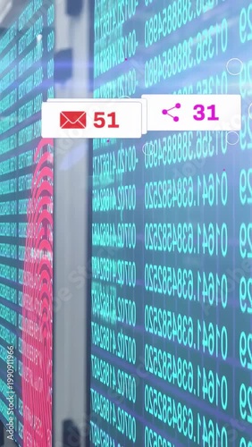 Vertical video: Tech data wall showing cyan code, receiving social activity and spawning badges