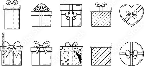 "Set of Gift Box Icons Featuring Bows, Stripes, and Heart Designs for Holiday, Celebration, and Gift Giving Projects"