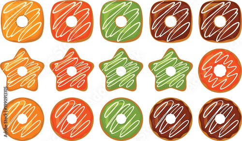 Donut Vector Illustration Featuring Round, Square, and Star Shapes with Orange, Green, and Brown Icing for Culinary and Educational Designs