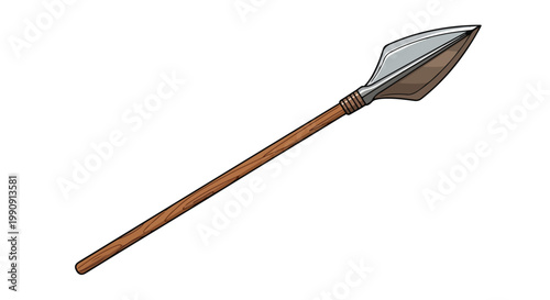 Illustration of a traditional spear with a wooden shaft and metal head on a white background.