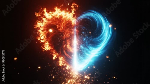 Glowing heart shape made of fire and blue ice energy