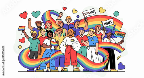 A diverse group of people celebrating LGBTQ+ Pride, holding rainbow flags and signs, surrounded by a large colorful rainbow ribbon.