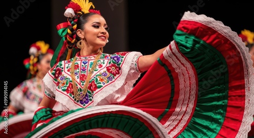 Woman in traditional mexican dress dancing Cino de Mayo