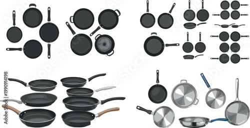 Frying pans and cookware set top view kitchen utensils collection nonstick and stainless steel pans vector illustration